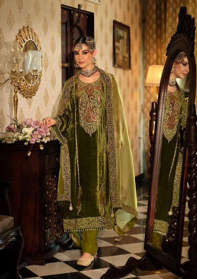 Green Royal Velvet Unstitched Three Piece