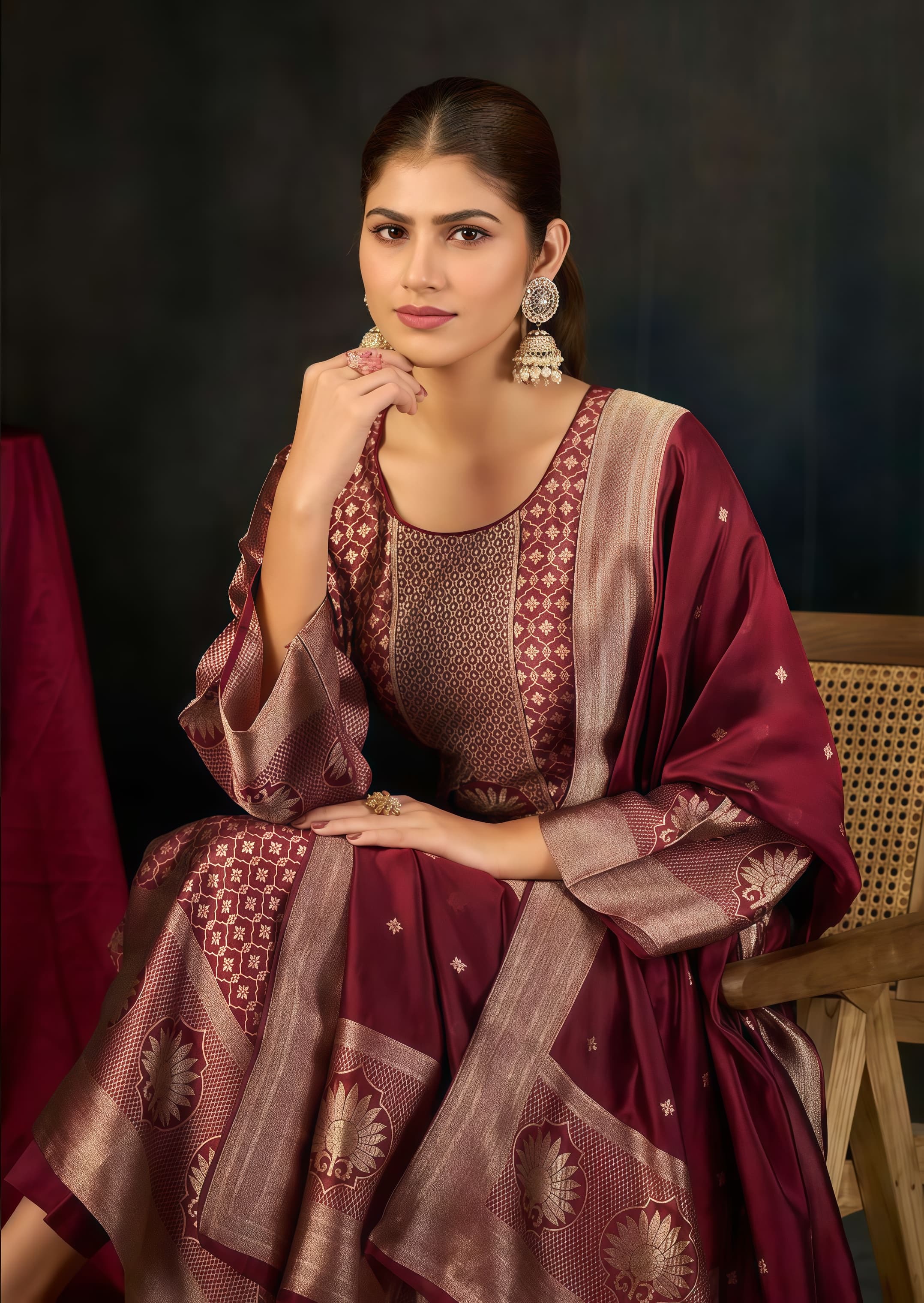 Maroon Silk Katan Unstitched Three Piece