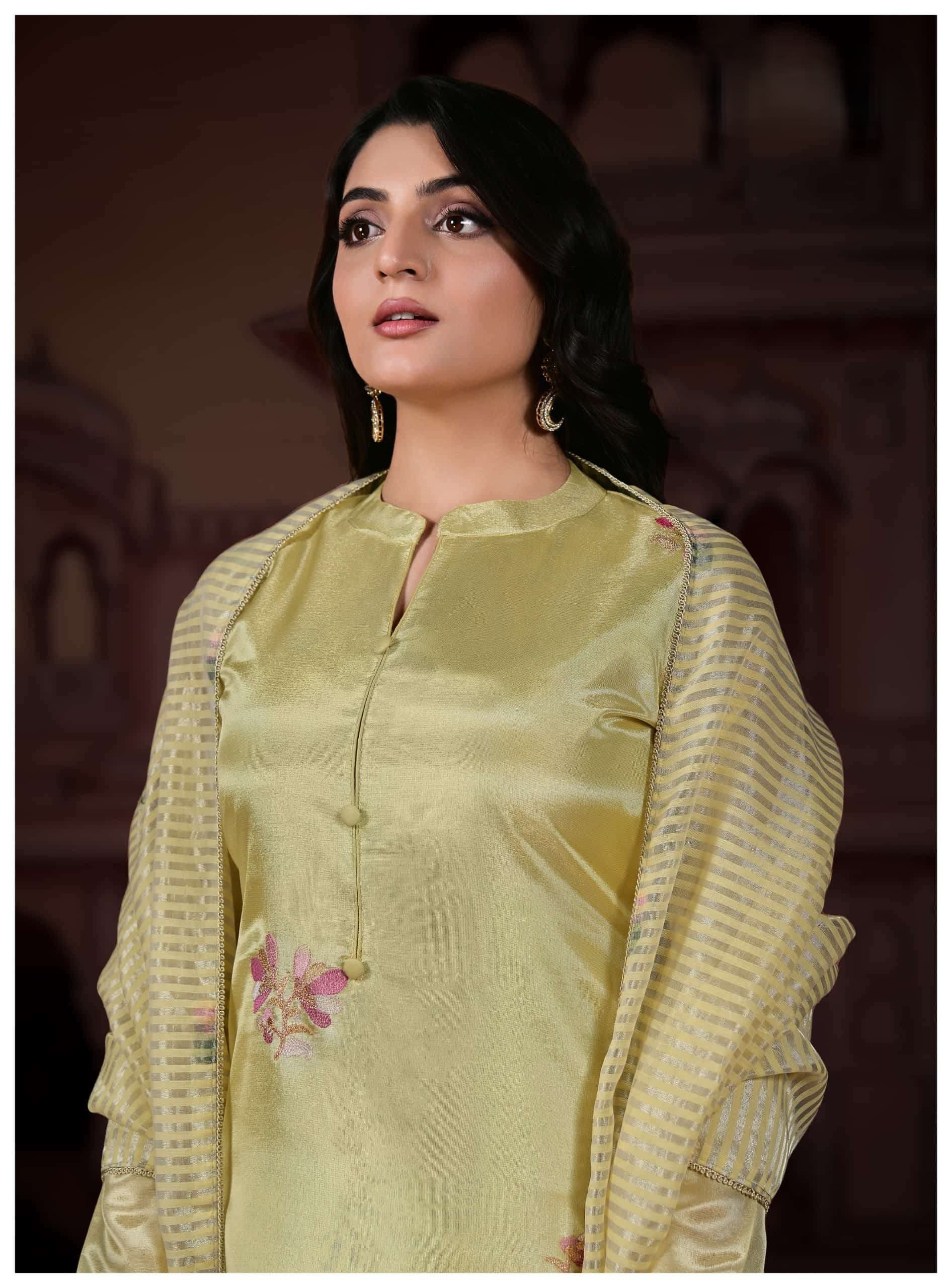 Golden Lime Luminous Shimmer Silk Unstitched Three Piece